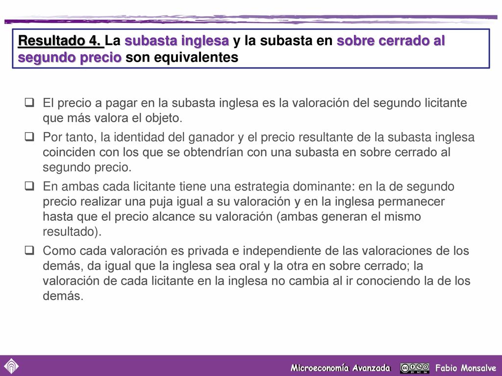 Resultado 4. La subasta inglesa y la subasta en sobre cerrado al segundo precio son equivalentes