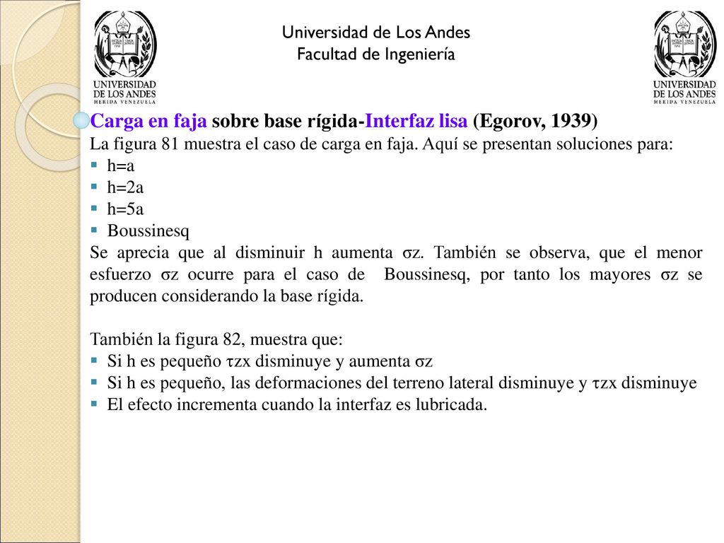 Carga en faja sobre base rígida-Interfaz lisa (Egorov, 1939)