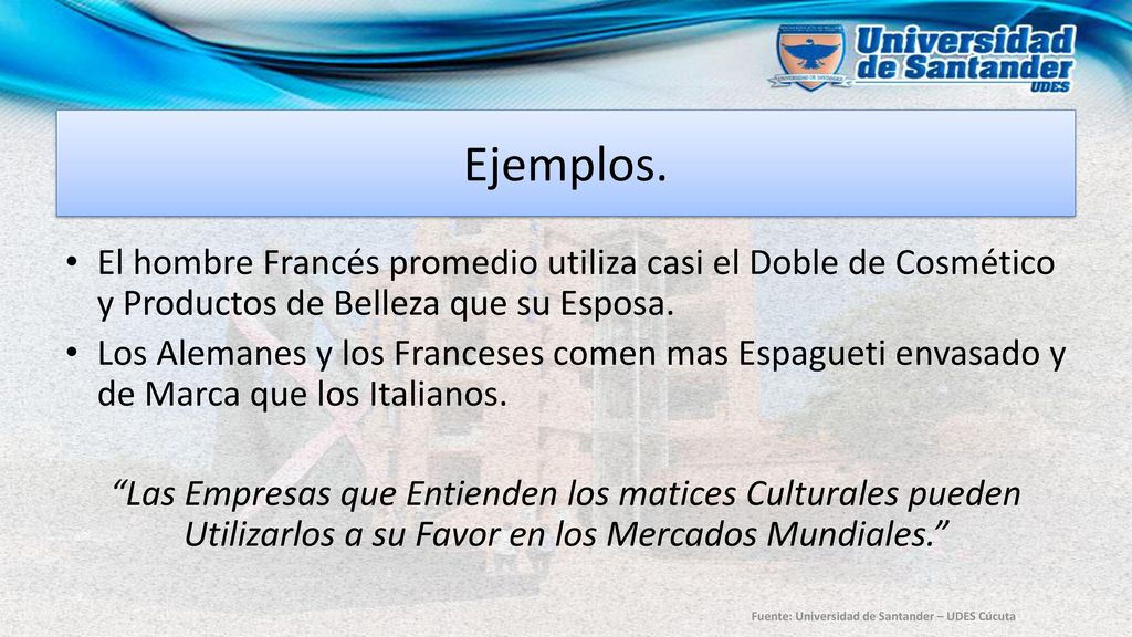Ejemplos. El hombre Francés promedio utiliza casi el Doble de Cosmético y Productos de Belleza que su Esposa.