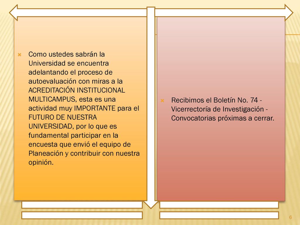Como ustedes sabrán la Universidad se encuentra adelantando el proceso de autoevaluación con miras a la ACREDITACIÓN INSTITUCIONAL MULTICAMPUS, esta es una actividad muy IMPORTANTE para el FUTURO DE NUESTRA UNIVERSIDAD, por lo que es fundamental participar en la encuesta que envió el equipo de Planeación y contribuir con nuestra opinión.