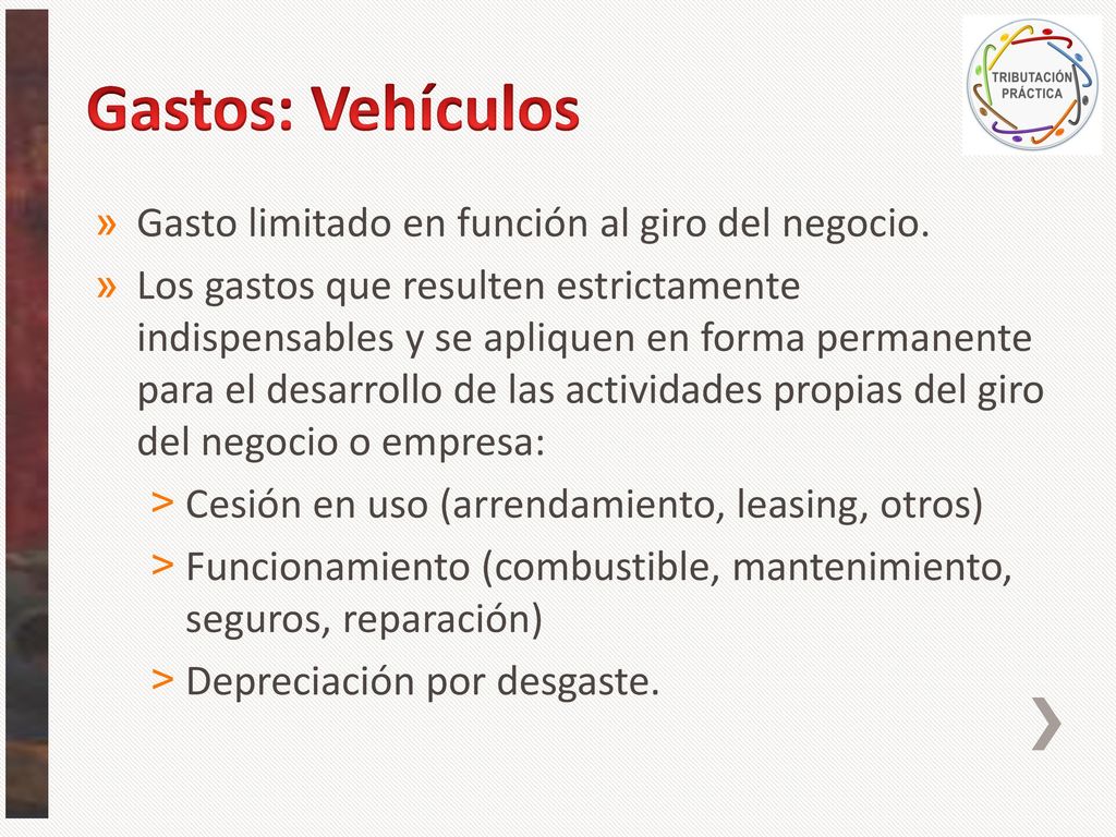 Gastos: Vehículos Gasto limitado en función al giro del negocio.