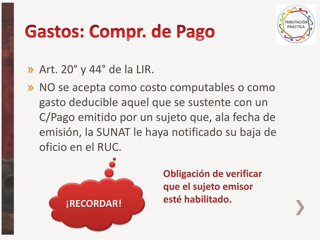 Gastos: Compr. de Pago Art. 20° y 44° de la LIR.
