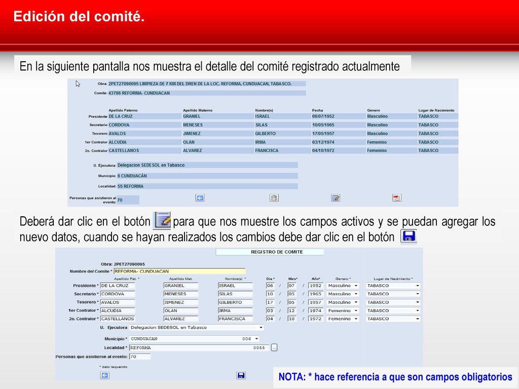 Edición del comité. En la siguiente pantalla nos muestra el detalle del comité registrado actualmente.