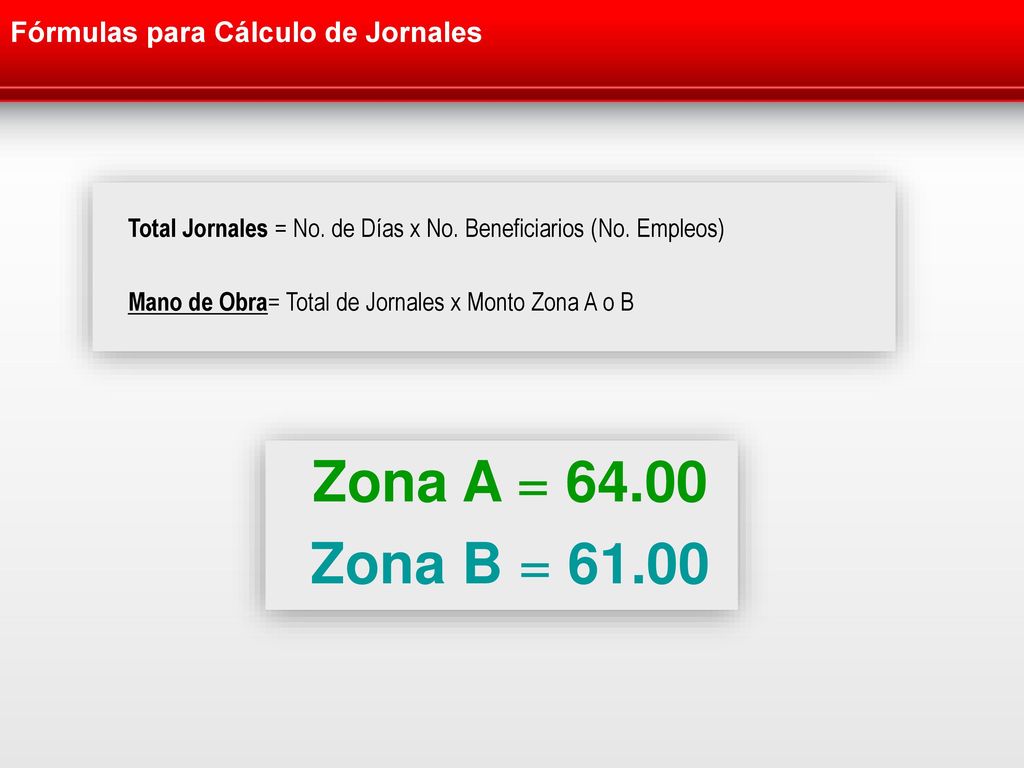 Zona A = Zona B = Fórmulas para Cálculo de Jornales