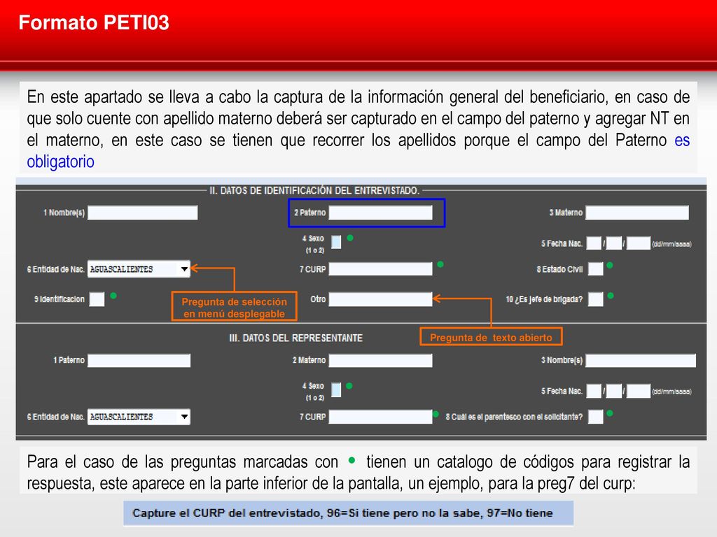 Pregunta de selección en menú desplegable Pregunta de texto abierto