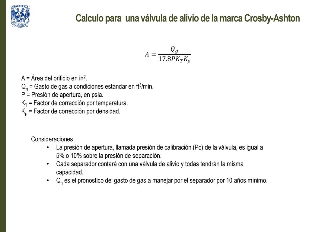 Calculo para una válvula de alivio de la marca Crosby-Ashton