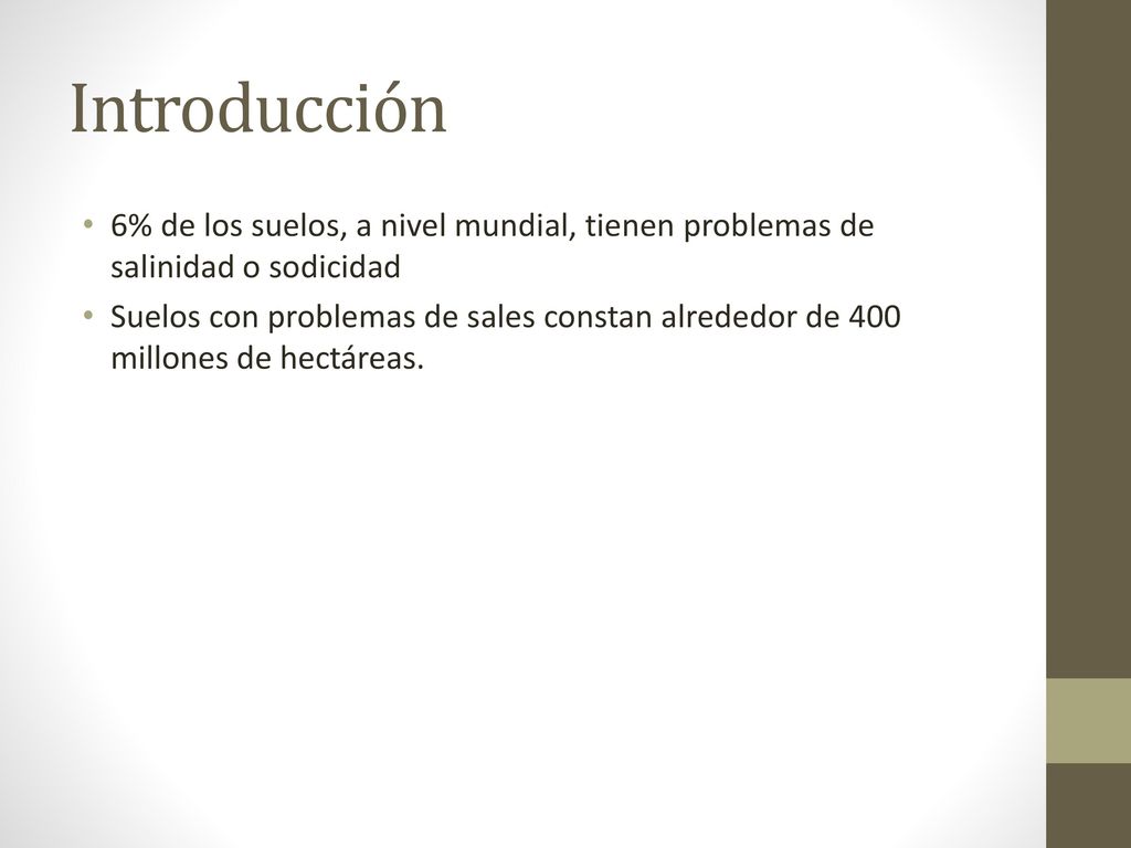 Introducción 6% de los suelos, a nivel mundial, tienen problemas de salinidad o sodicidad.