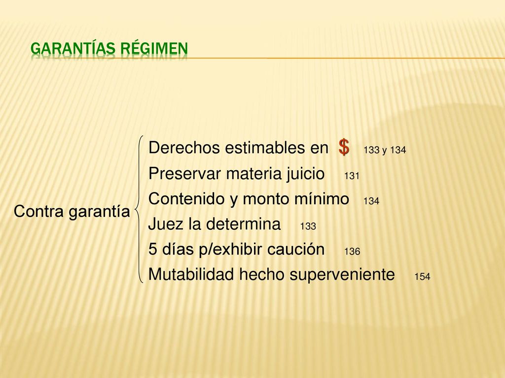 Garantías régimen Contra garantía. Derechos estimables en $ 133 y 134. Preservar materia juicio 131.