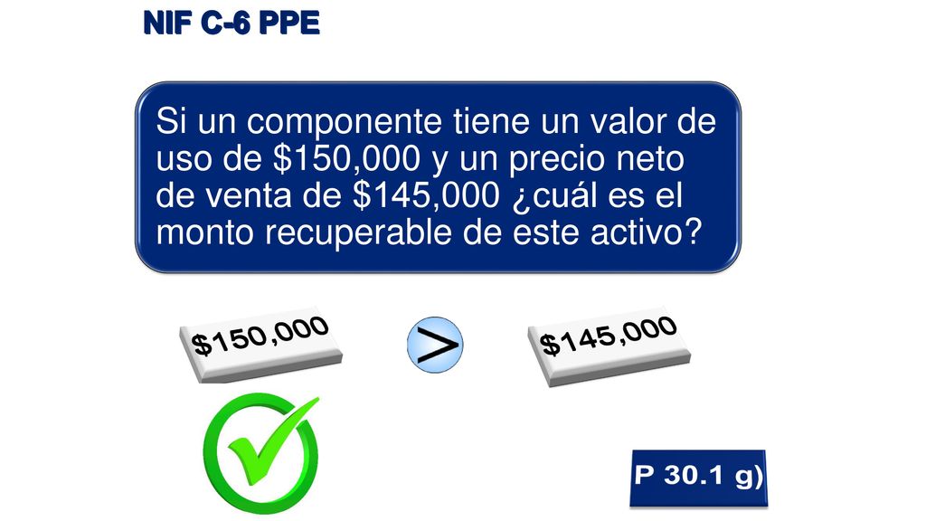 NIF C-6 PPE Si un componente tiene un valor de uso de $150,000 y un precio neto de venta de $145,000 ¿cuál es el monto recuperable de este activo