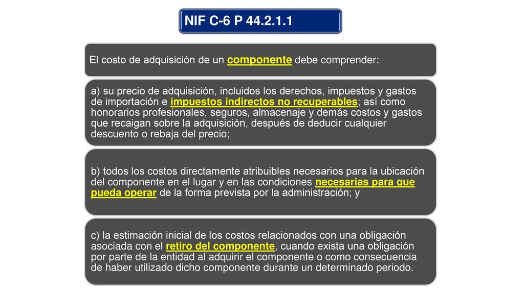 NIF C-6 P El costo de adquisición de un componente debe comprender: