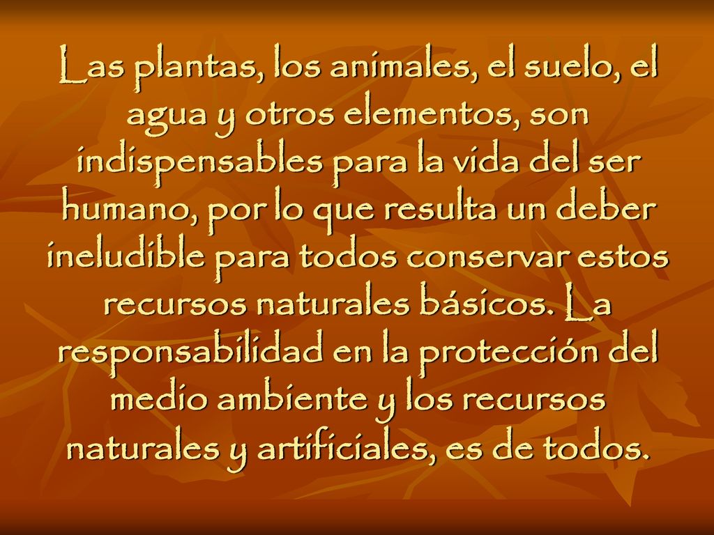 Las plantas, los animales, el suelo, el agua y otros elementos, son indispensables para la vida del ser humano, por lo que resulta un deber ineludible para todos conservar estos recursos naturales básicos.