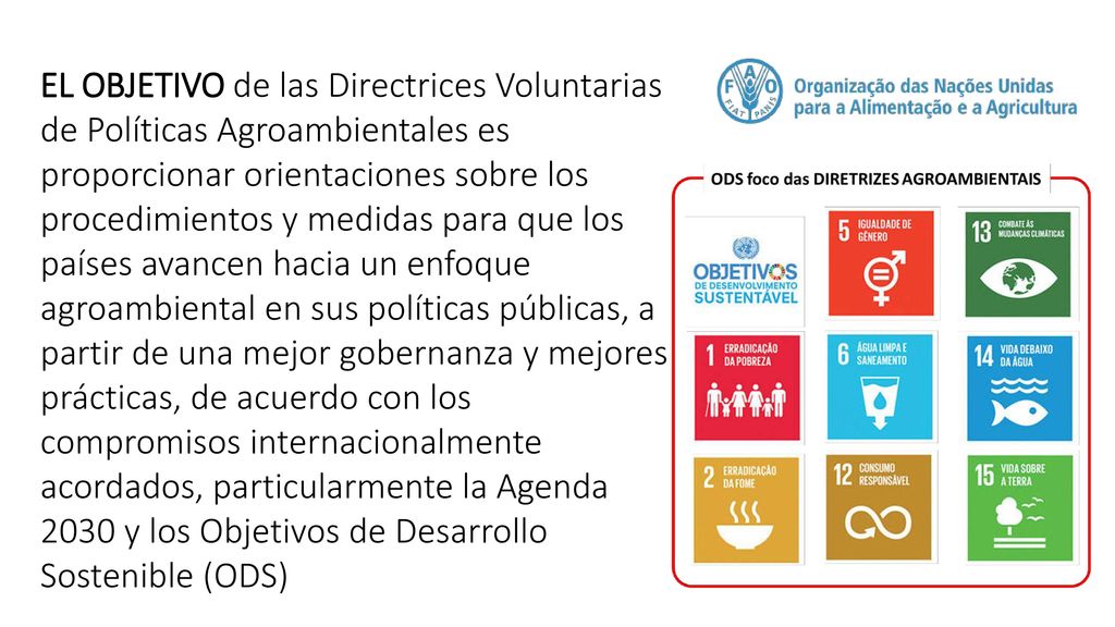 EL OBJETIVO de las Directrices Voluntarias de Políticas Agroambientales es proporcionar orientaciones sobre los procedimientos y medidas para que los países avancen hacia un enfoque agroambiental en sus políticas públicas, a partir de una mejor gobernanza y mejores prácticas, de acuerdo con los compromisos internacionalmente acordados, particularmente la Agenda 2030 y los Objetivos de Desarrollo Sostenible (ODS)