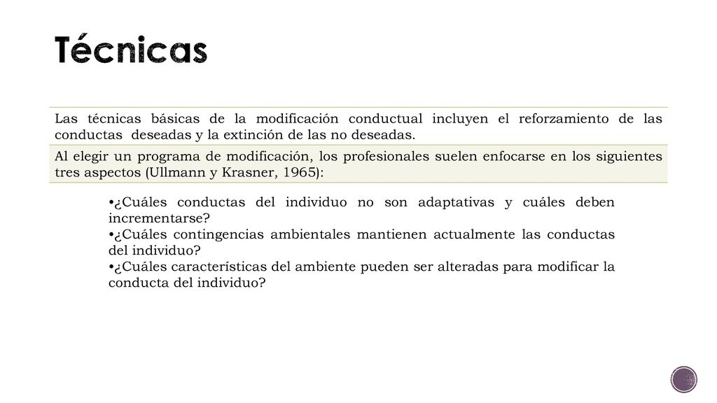 Técnicas Las técnicas básicas de la modificación conductual incluyen el reforzamiento de las conductas deseadas y la extinción de las no deseadas.