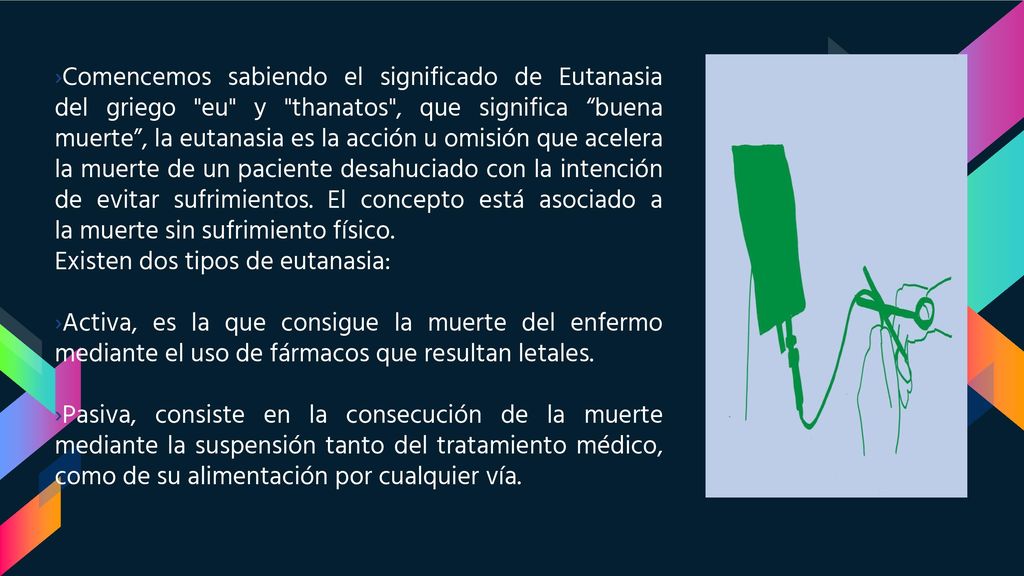 Comencemos sabiendo el significado de Eutanasia del griego eu y thanatos , que significa buena muerte , la eutanasia es la acción u omisión que acelera la muerte de un paciente desahuciado con la intención de evitar sufrimientos. El concepto está asociado a la muerte sin sufrimiento físico.