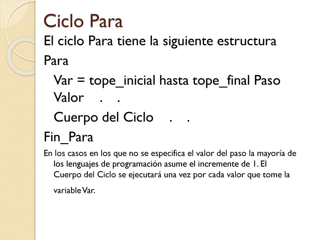 Ciclo Para El ciclo Para tiene la siguiente estructura Para