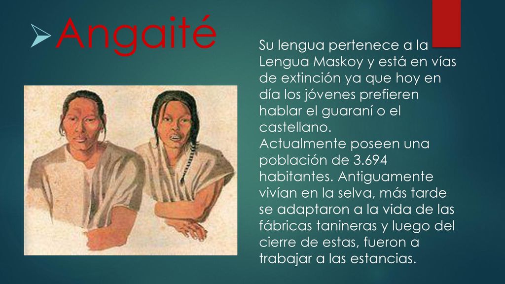 Angaité Su lengua pertenece a la Lengua Maskoy y está en vías de extinción ya que hoy en día los jóvenes prefieren hablar el guaraní o el castellano.