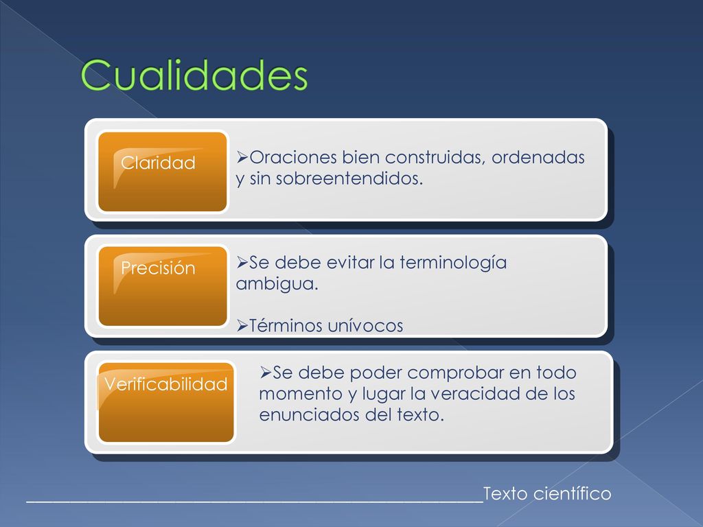 Cualidades Claridad. Oraciones bien construidas, ordenadas y sin sobreentendidos. Precisión. Se debe evitar la terminología ambigua.