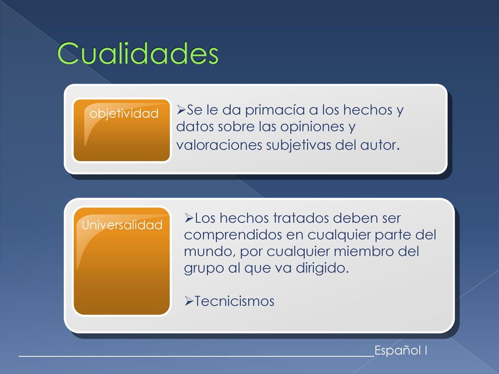 Cualidades objetividad. Se le da primacía a los hechos y datos sobre las opiniones y valoraciones subjetivas del autor.