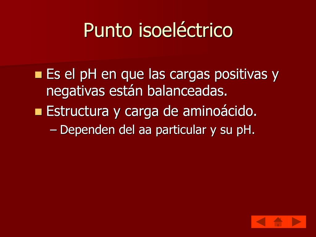 Punto isoeléctrico Es el pH en que las cargas positivas y negativas están balanceadas. Estructura y carga de aminoácido.