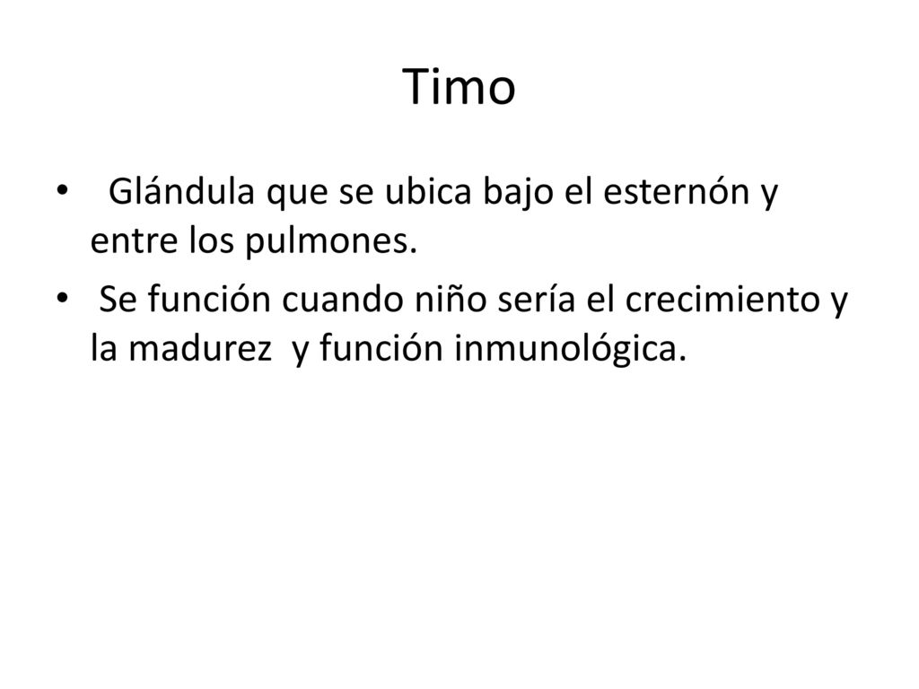 Timo Glándula que se ubica bajo el esternón y entre los pulmones.