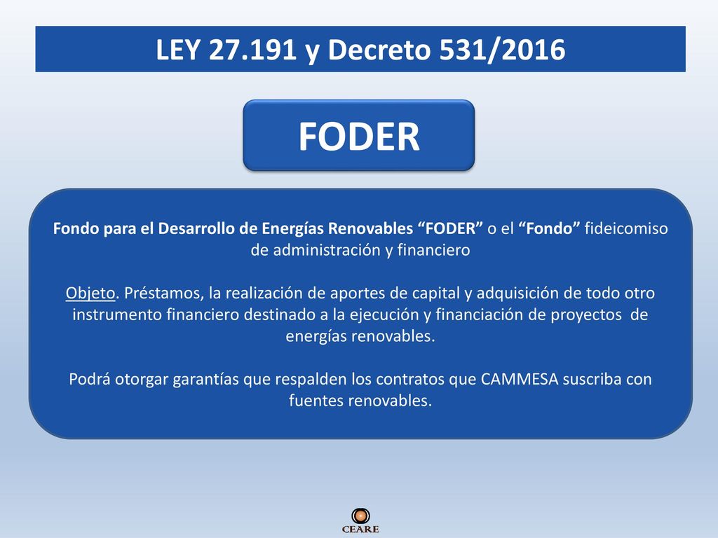 LEY y Decreto 531/2016 FODER. Fondo para el Desarrollo de Energías Renovables FODER o el Fondo fideicomiso de administración y financiero.
