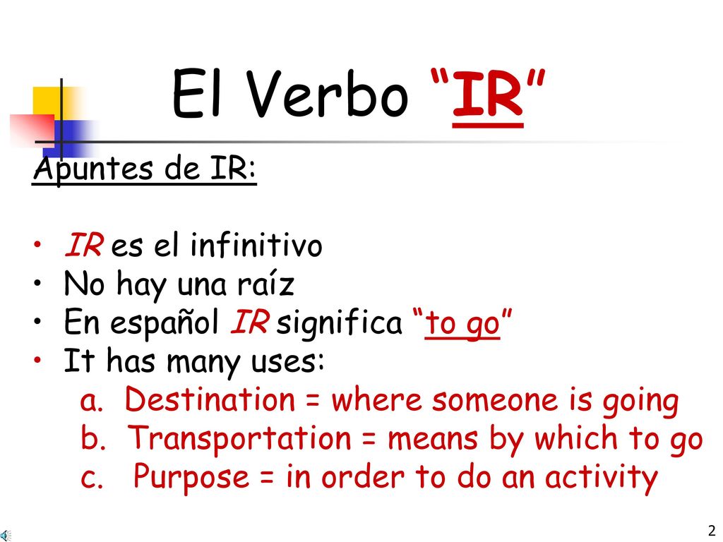 El Verbo IR Apuntes de IR: IR es el infinitivo No hay una raíz