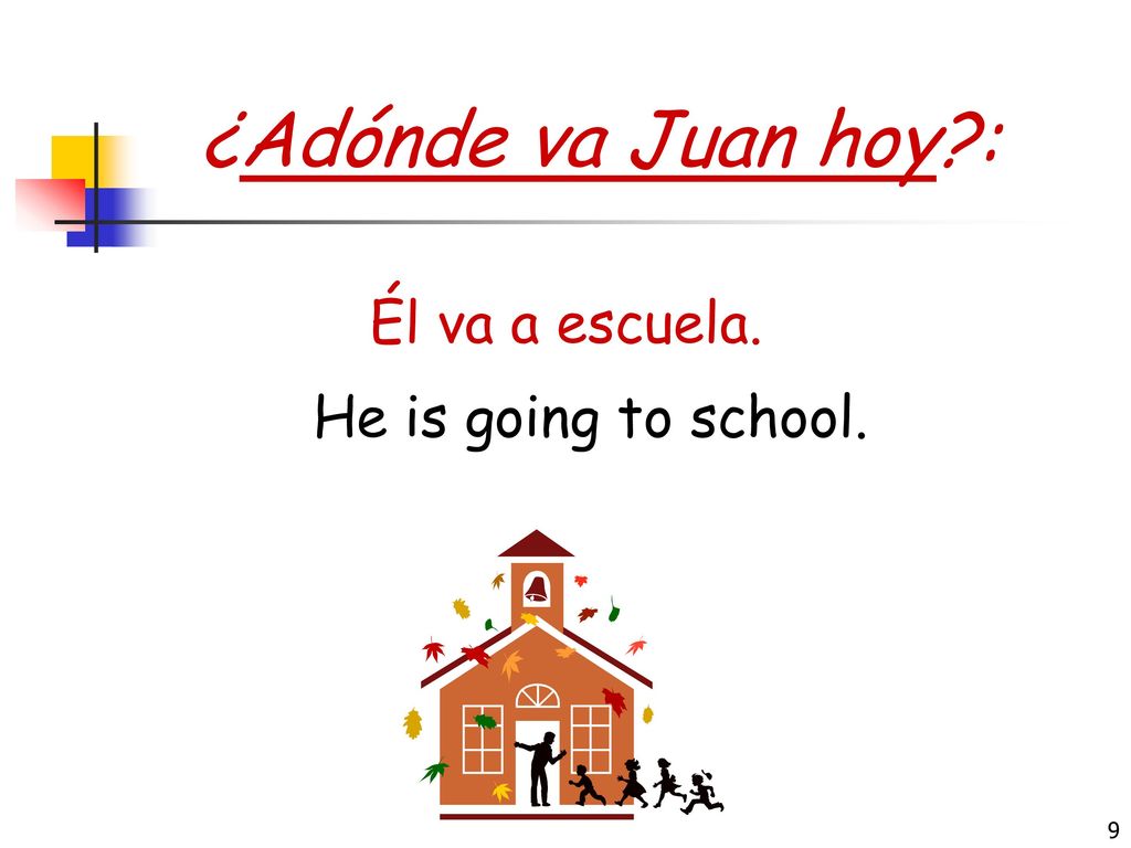 ¿Adónde va Juan hoy : Él va a escuela. He is going to school.