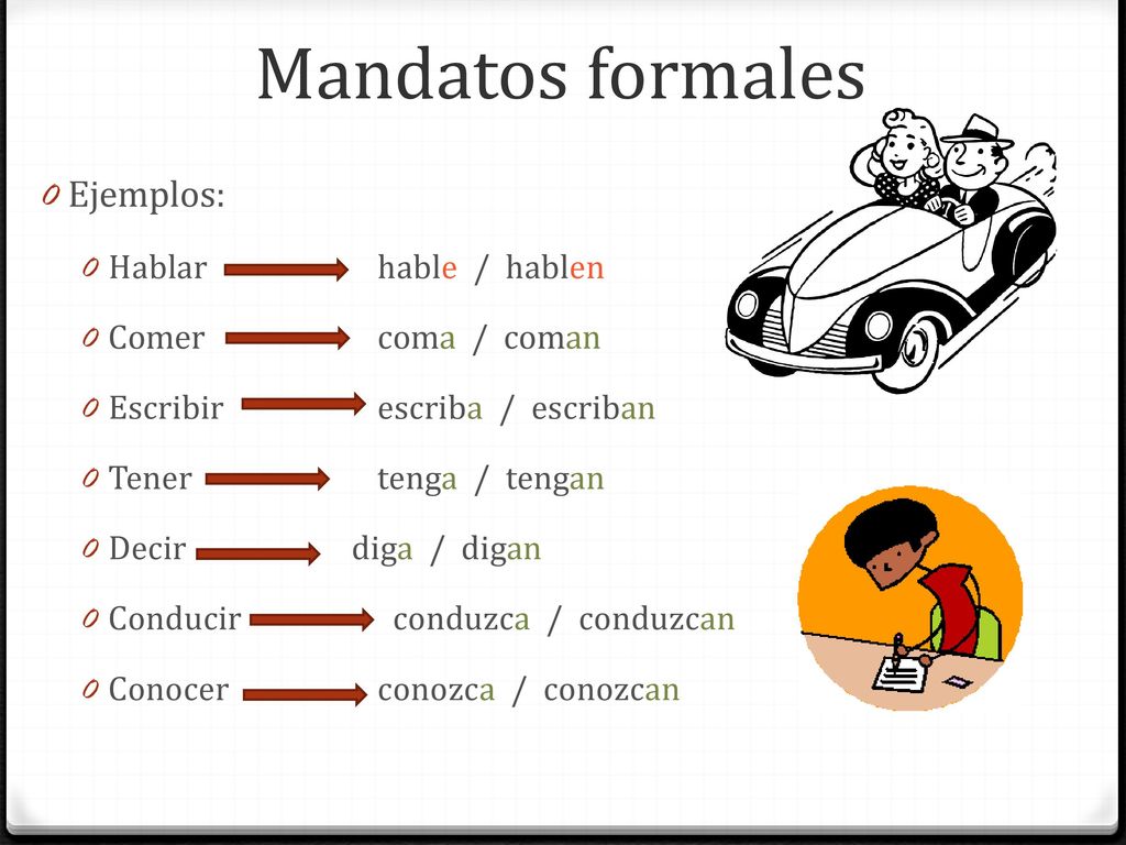 Mandatos formales Ejemplos: Hablar hable / hablen Comer coma / coman