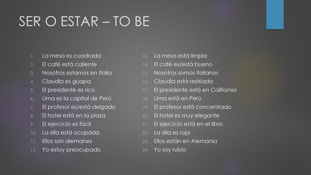 SER O ESTAR – TO BE La mesa es cuadrada La mesa está limpia