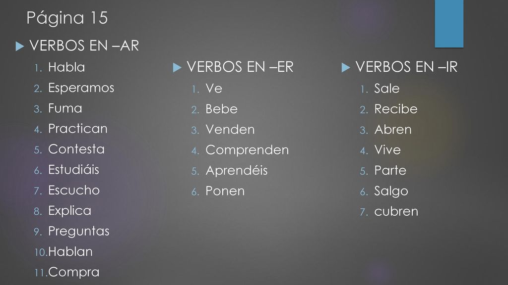 Página 15 VERBOS EN –AR VERBOS EN –ER VERBOS EN –IR Habla Esperamos