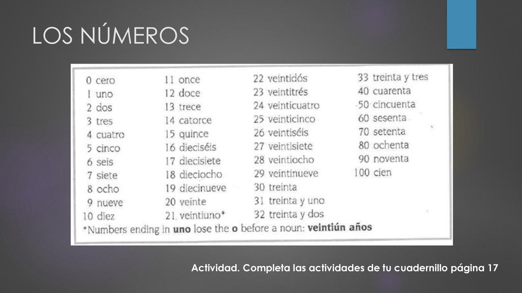 LOS NÚMEROS Actividad. Completa las actividades de tu cuadernillo página 17