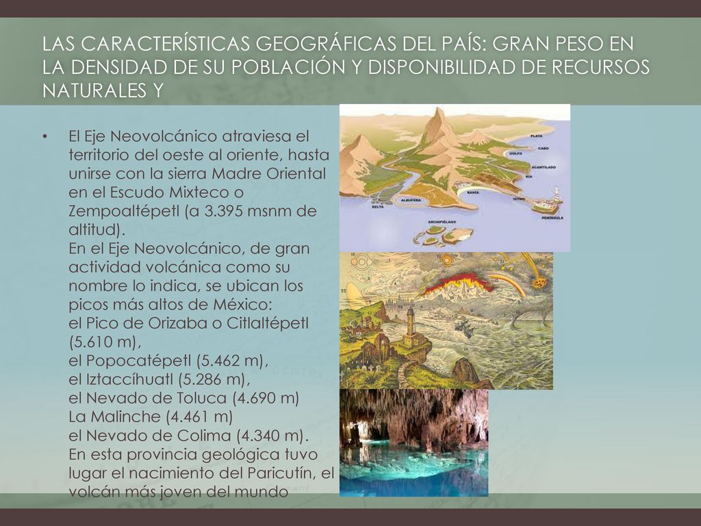Las Características geográficas del país: gran peso en la densidad de su población y disponibilidad de recursos naturales y