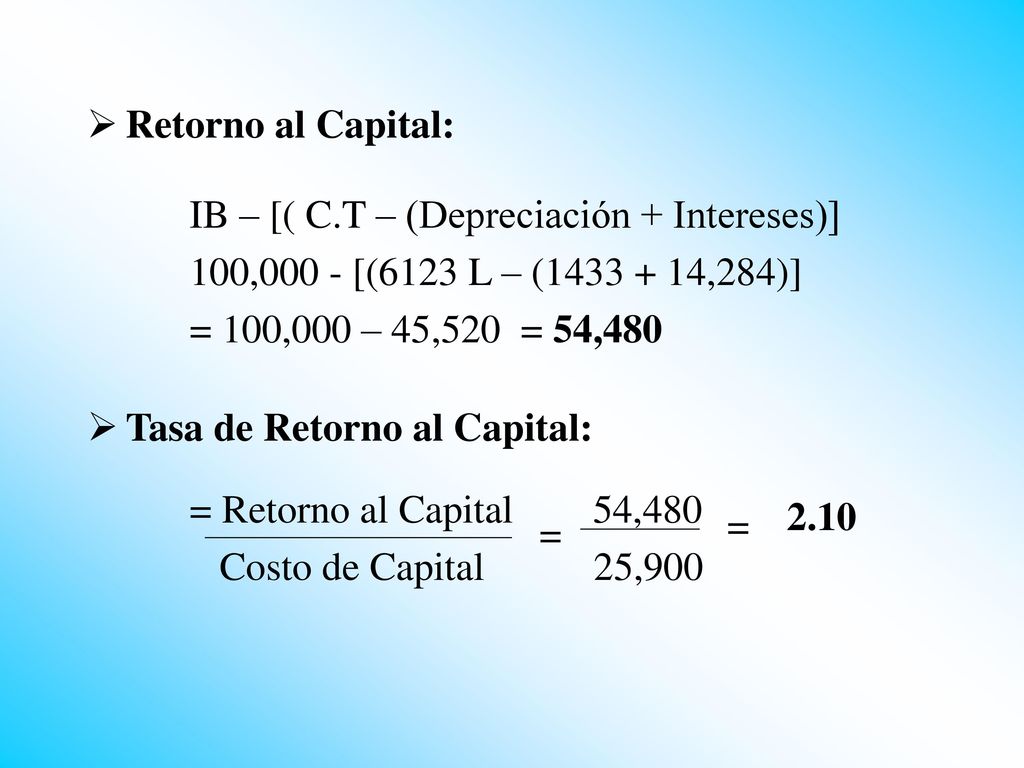 Retorno al Capital: IB – [( C.T – (Depreciación + Intereses)] 100,000 - [(6123 L – ( ,284)]