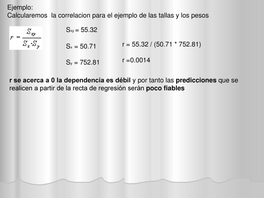 Ejemplo: Calcularemos la correlacion para el ejemplo de las tallas y los pesos. Sxy = Sx =