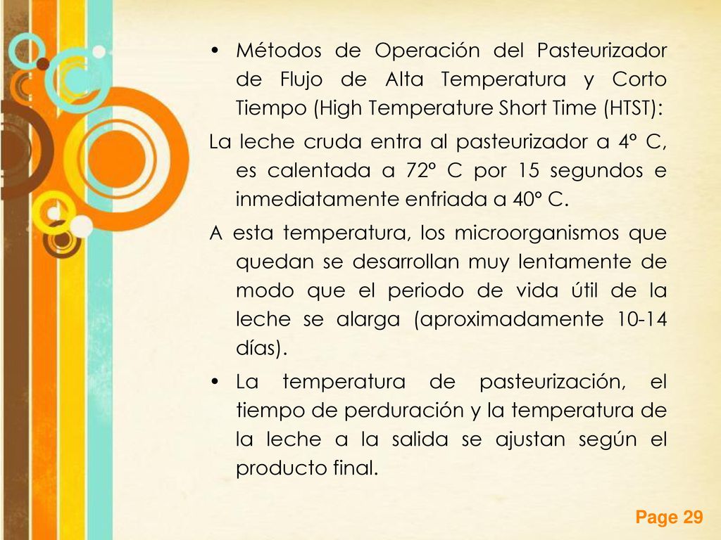 Métodos de Operación del Pasteurizador de Flujo de Alta Temperatura y Corto Tiempo (High Temperature Short Time (HTST):