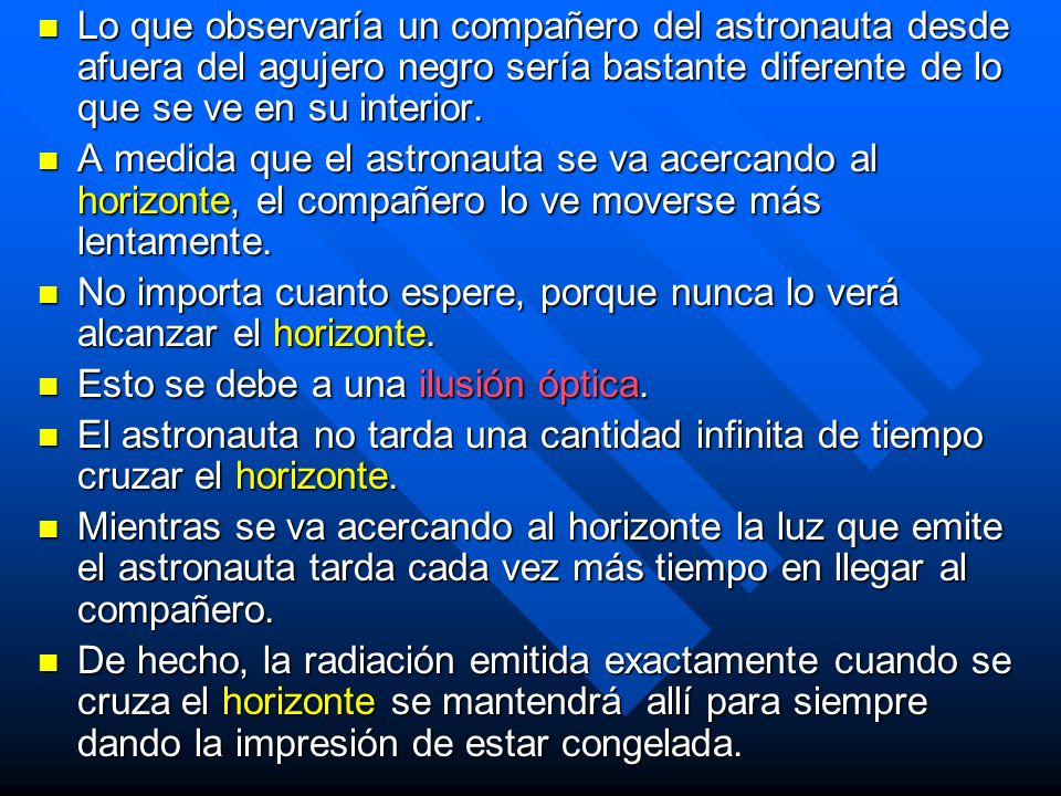 Lo que observaría un compañero del astronauta desde afuera del agujero negro sería bastante diferente de lo que se ve en su interior.