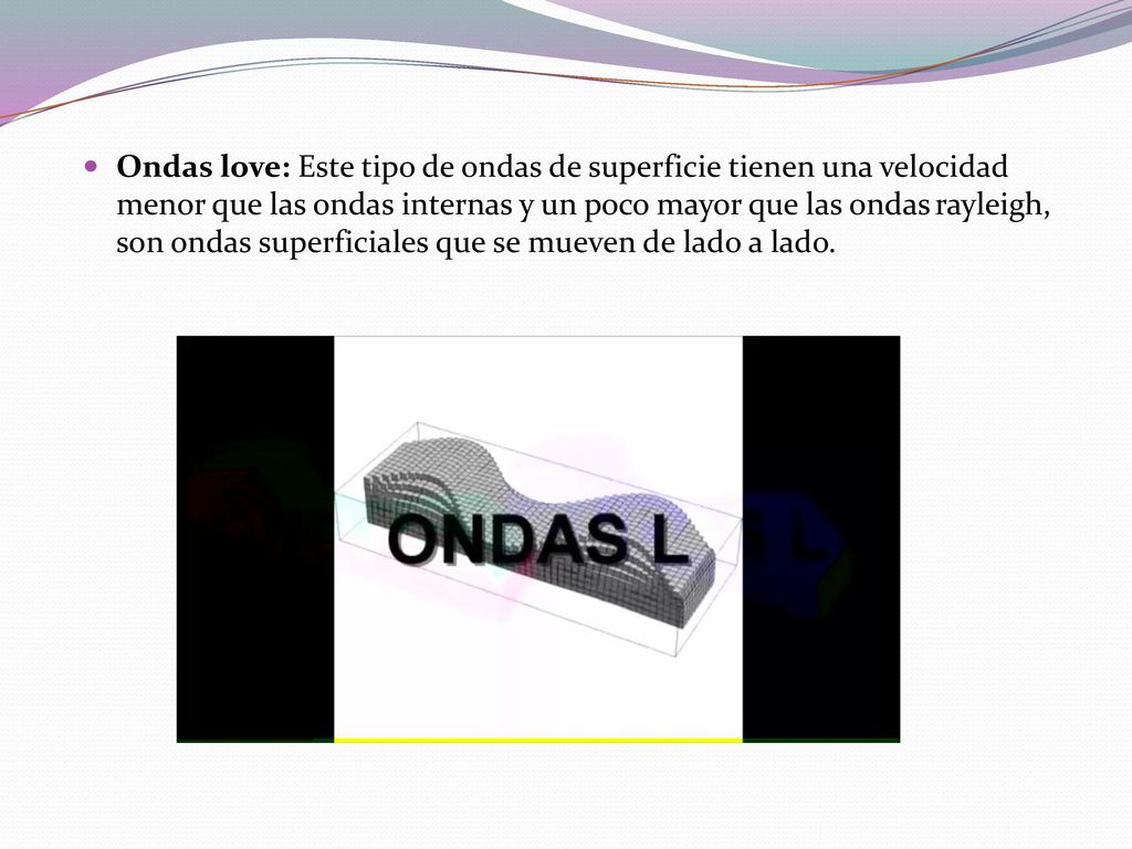Ondas love: Este tipo de ondas de superficie tienen una velocidad menor que las ondas internas y un poco mayor que las ondas rayleigh, son ondas superficiales que se mueven de lado a lado.