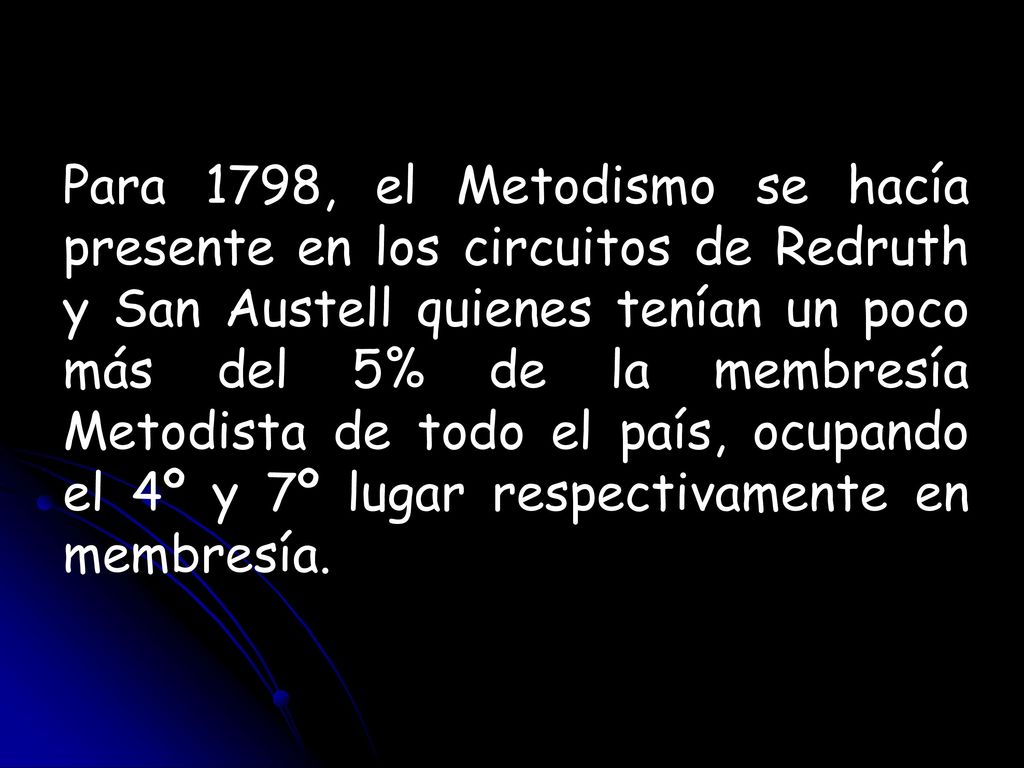 Para 1798, el Metodismo se hacía presente en los circuitos de Redruth y San Austell quienes tenían un poco más del 5% de la membresía Metodista de todo el país, ocupando el 4º y 7º lugar respectivamente en membresía.