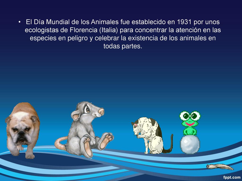 El Día Mundial de los Animales fue establecido en 1931 por unos ecologistas de Florencia (Italia) para concentrar la atención en las especies en peligro y celebrar la existencia de los animales en todas partes.