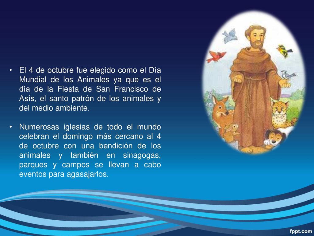 El 4 de octubre fue elegido como el Día Mundial de los Animales ya que es el día de la Fiesta de San Francisco de Asís, el santo patrón de los animales y del medio ambiente.