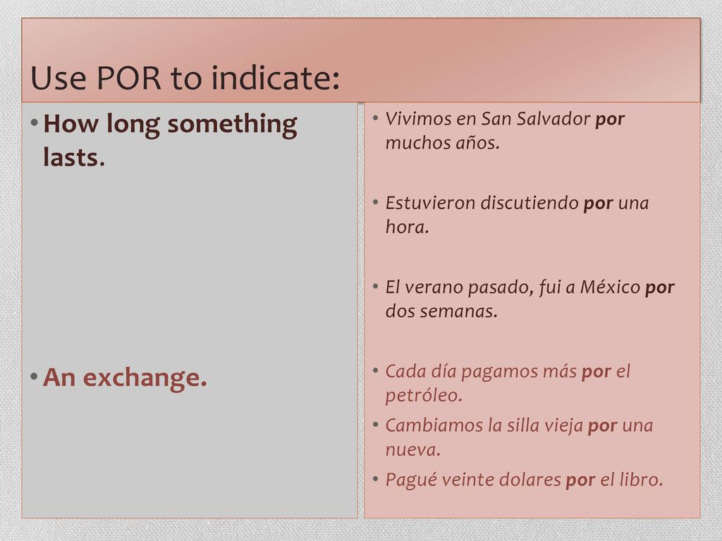 Use POR to indicate: How long something lasts. An exchange.