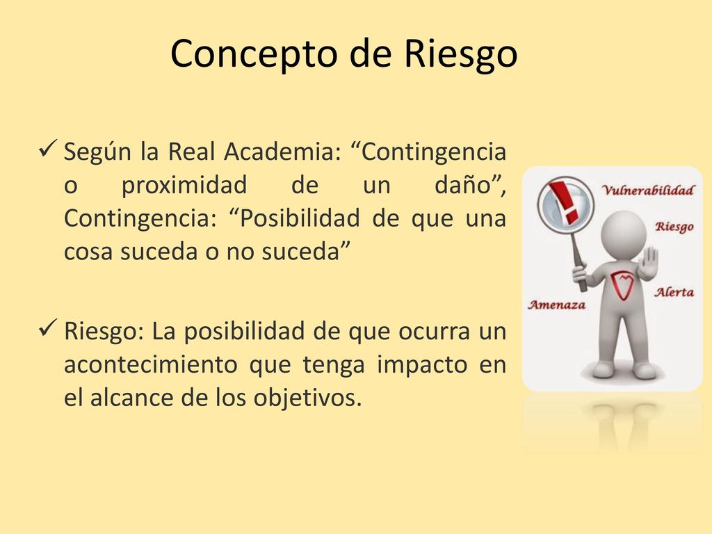 Concepto de Riesgo Según la Real Academia: Contingencia o proximidad de un daño , Contingencia: Posibilidad de que una cosa suceda o no suceda