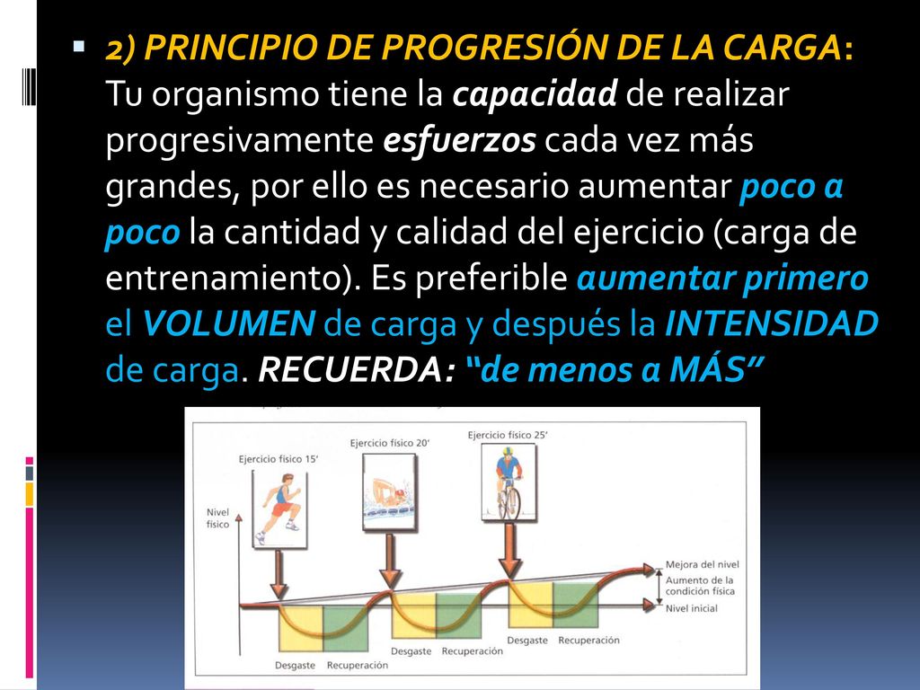 2) PRINCIPIO DE PROGRESIÓN DE LA CARGA: Tu organismo tiene la capacidad de realizar progresivamente esfuerzos cada vez más grandes, por ello es necesario aumentar poco a poco la cantidad y calidad del ejercicio (carga de entrenamiento).