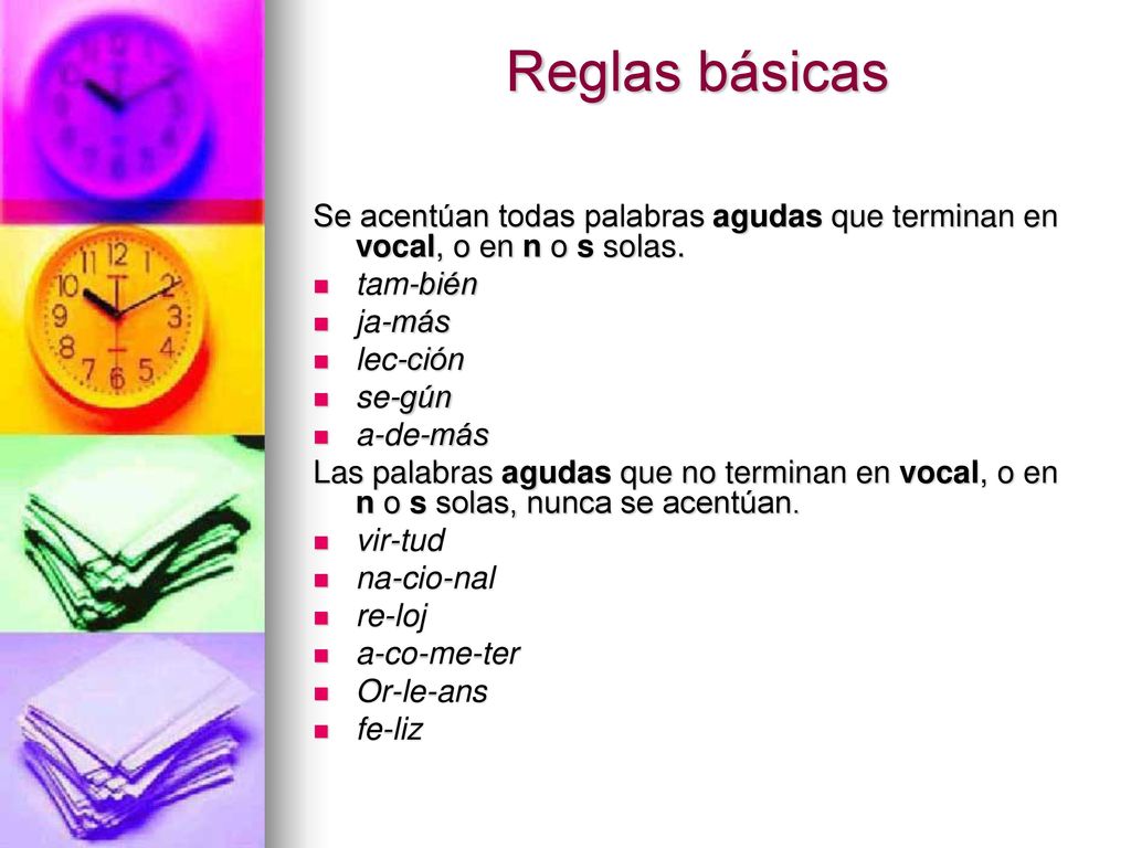 Reglas básicas Se acentúan todas palabras agudas que terminan en vocal, o en n o s solas. tam-bién.