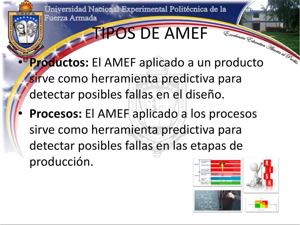 TIPOS DE AMEF Productos: El AMEF aplicado a un producto sirve como herramienta predictiva para detectar posibles fallas en el diseño.