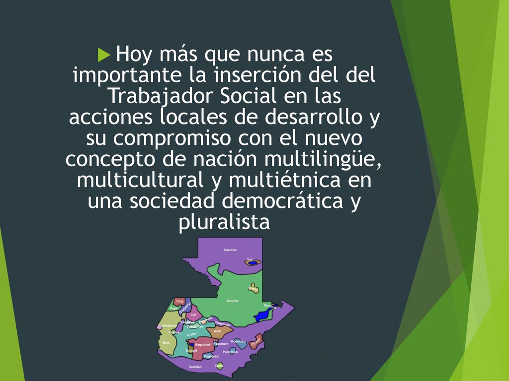 Hoy más que nunca es importante la inserción del del Trabajador Social en las acciones locales de desarrollo y su compromiso con el nuevo concepto de nación multilingüe, multicultural y multiétnica en una sociedad democrática y pluralista