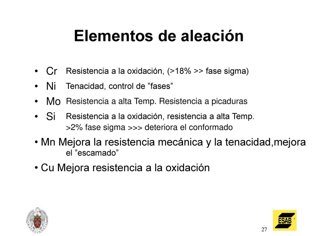 Elementos de aleación • Cr • Ni • Mo • Si
