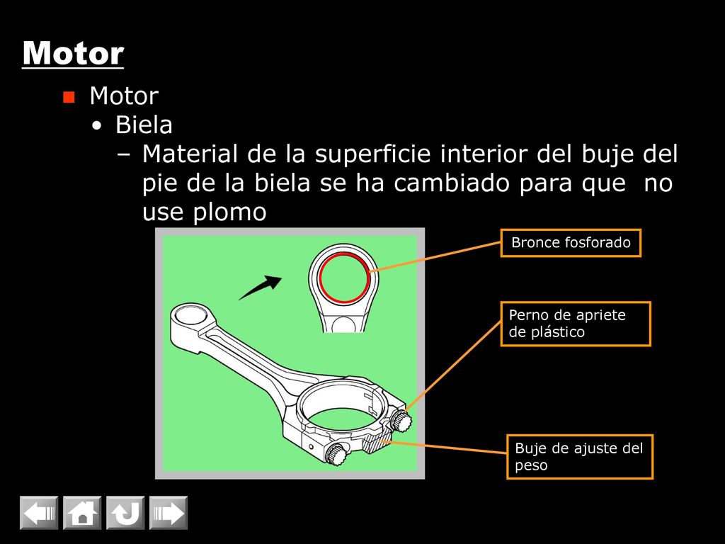 Motor Motor. Biela. Material de la superficie interior del buje del pie de la biela se ha cambiado para que no use plomo.