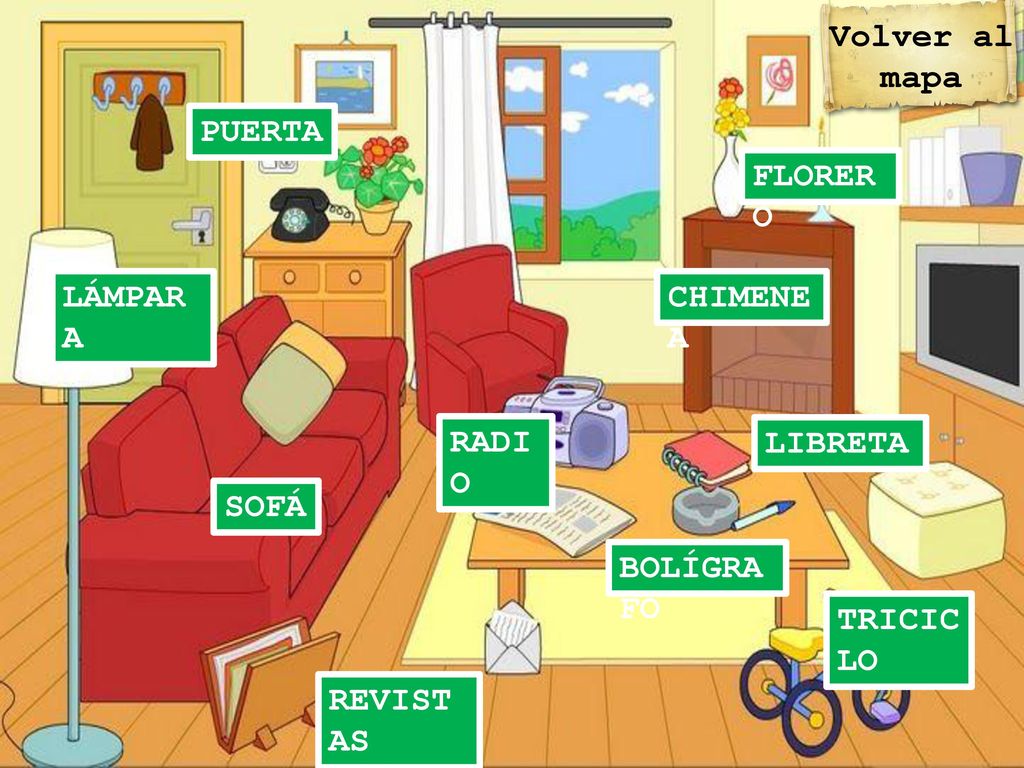 Volver al mapa PUERTA FLORERO LÁMPARA CHIMENEA RADIO LIBRETA SOFÁ BOLÍGRAFO TRICICLO REVISTAS
