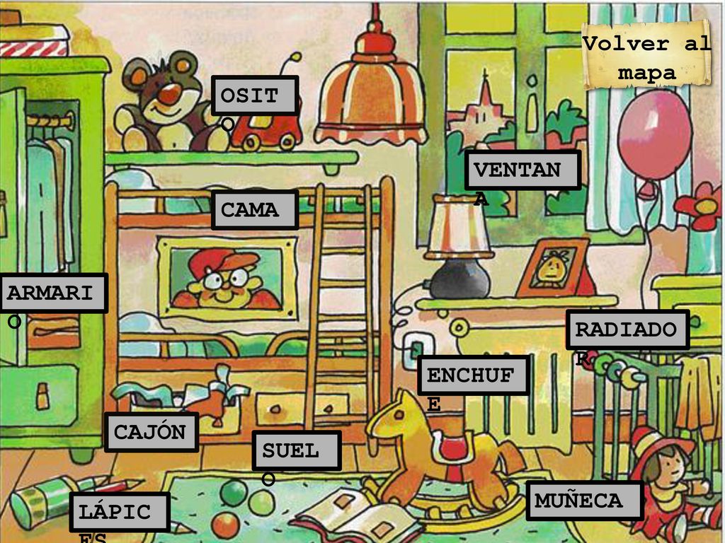 Volver al mapa OSITO VENTANA CAMA ARMARIO RADIADOR ENCHUFE CAJÓN SUELO MUÑECA LÁPICES